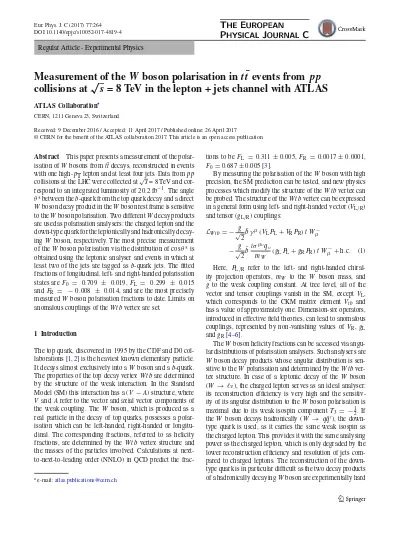 Measurement Of The W Boson Polarisation In T T Over Barevents From Pp Collisions At Root S 8 Tev In The Lepton Plus Jets Channel With Atlas